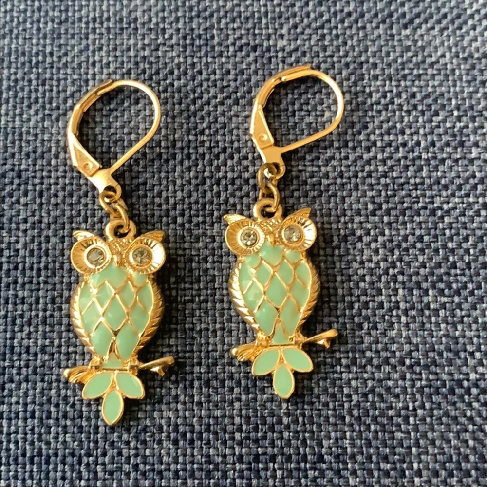 Gold and Blue Owl Earring with Stone Eyes